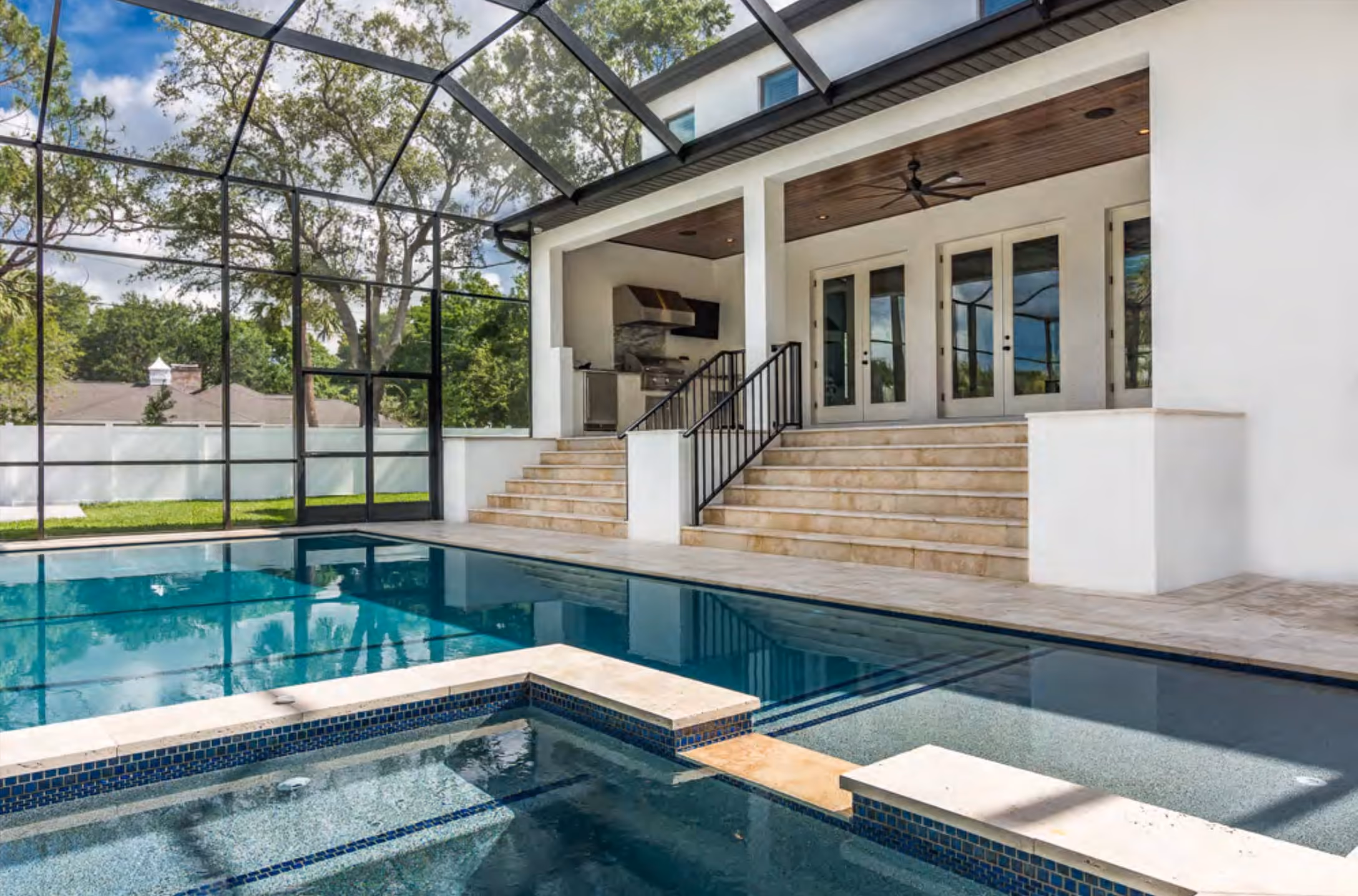 Screened lanai with a pool, a spa and wide steps